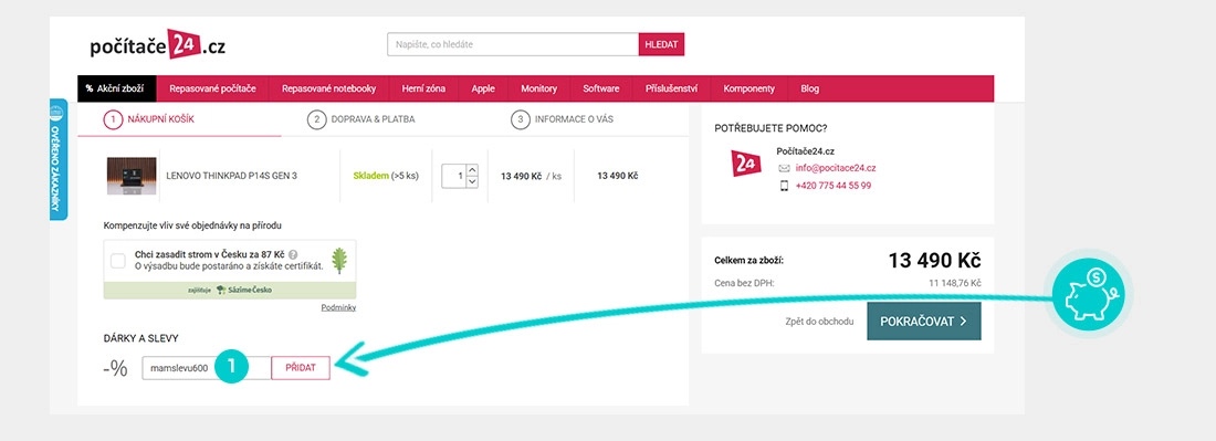 Návod jak uplatnit slevový kód v košíku e-shopu Počítače24