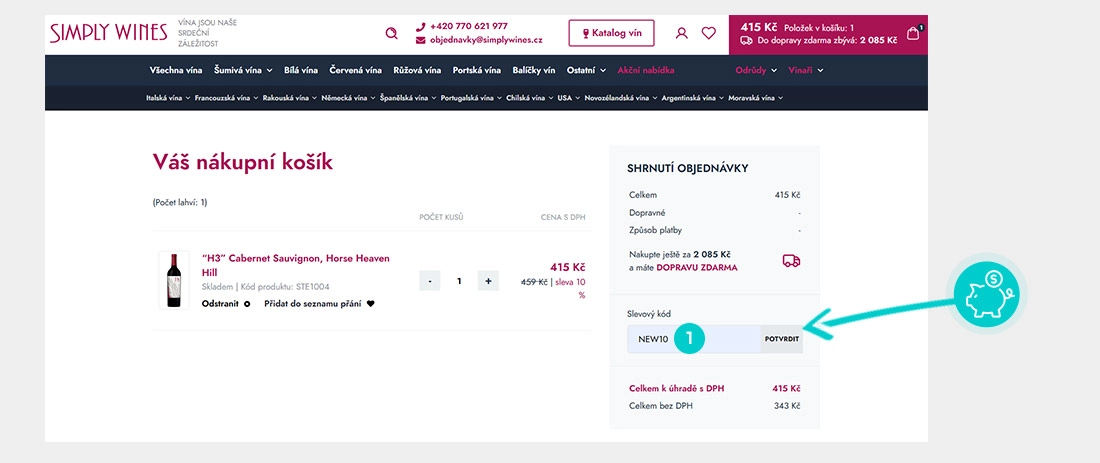 Návod jak uplatnit slevový kód v košíku e-shopu SimplyWines