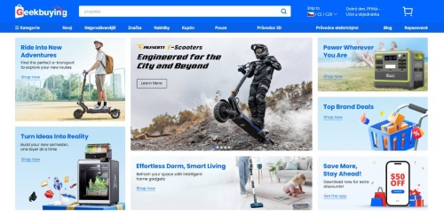 Geekbuying - koloběžky, tiskárna, žena vysávající v obýváku a dítě křesící na koberci, powerbanka, nákupní košík a mobil