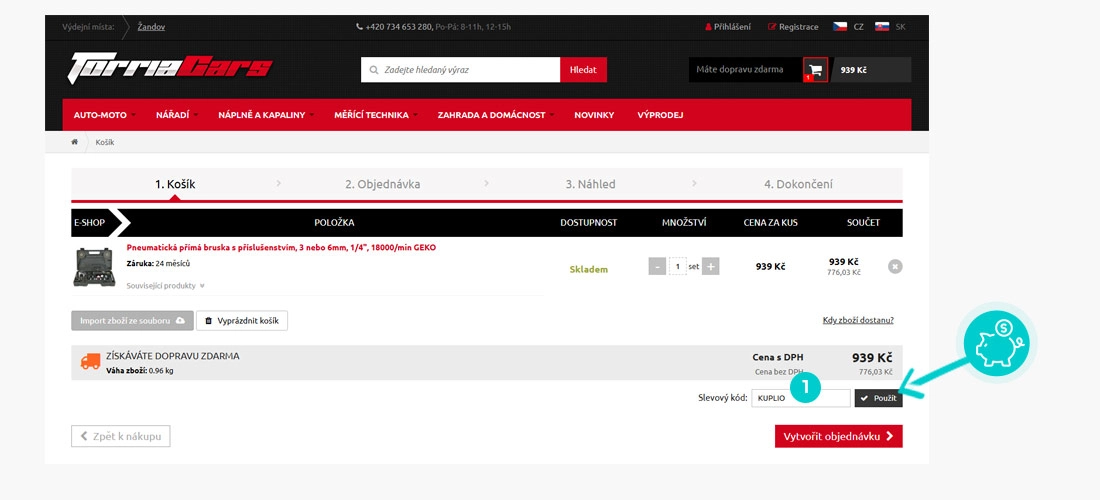 Návod jak uplatnit slevový kód v košíku e-shopu TorriaCars