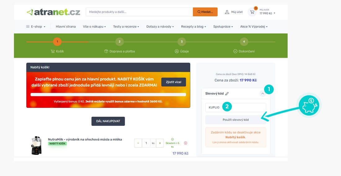 Návod jak uplatnit slevový kód v košíku e-shopu Atranet