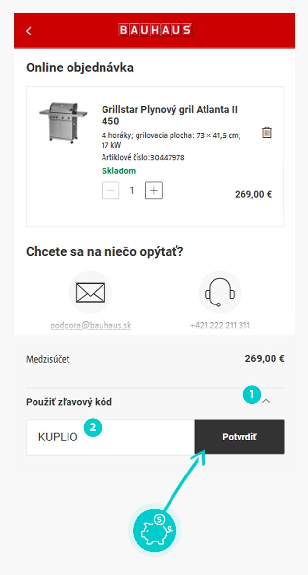 Návod jak uplatnit slevový kód v košíku e-shopu Bauhaus