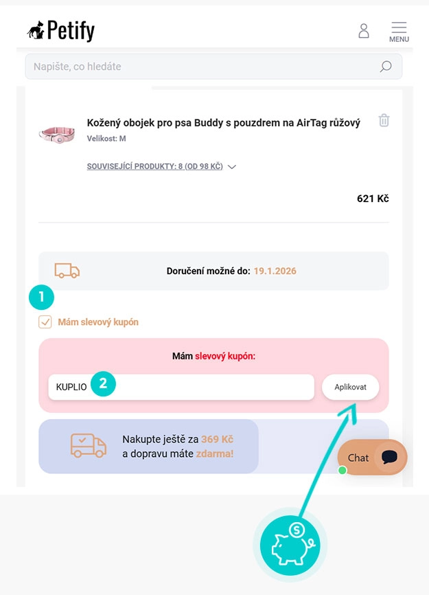 Návod jak uplatnit slevový kód v košíku e-shopu Petify
