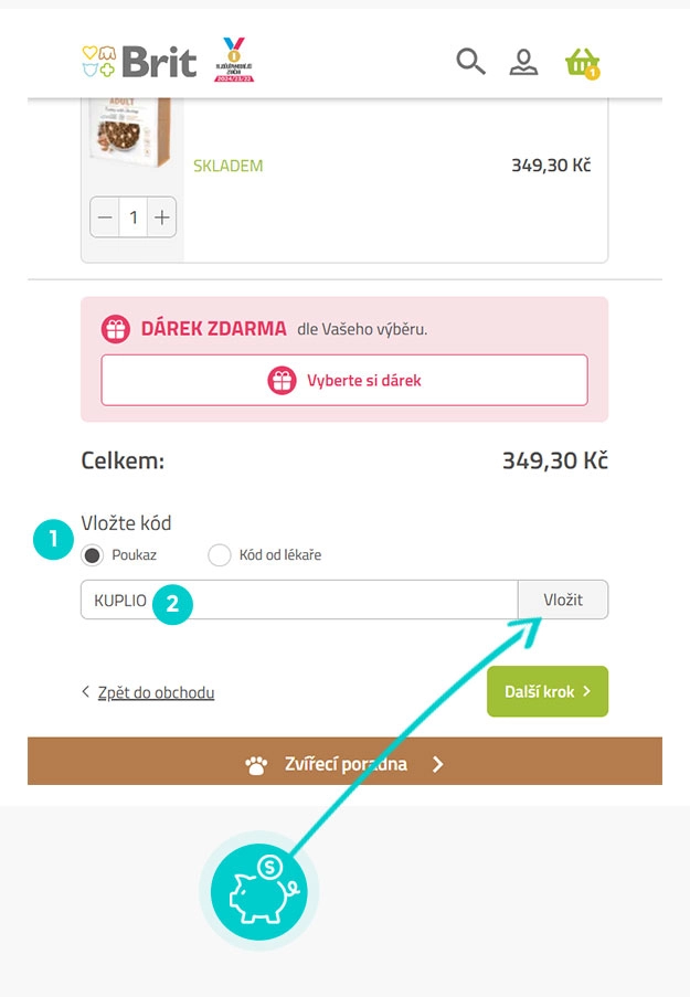 Návod jak uplatnit slevový kód v košíku e-shopu Brit