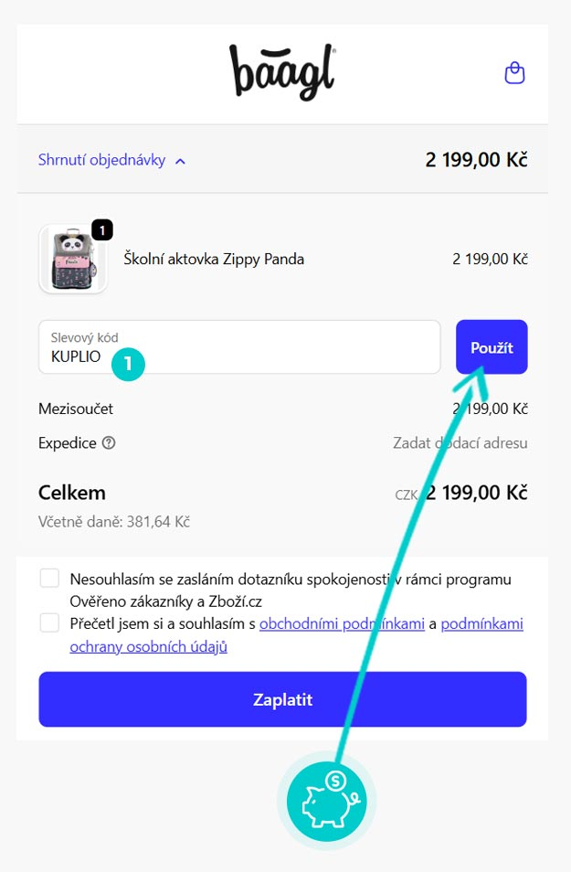 Návod jak uplatnit slevový kód v košíku e-shopu baagl