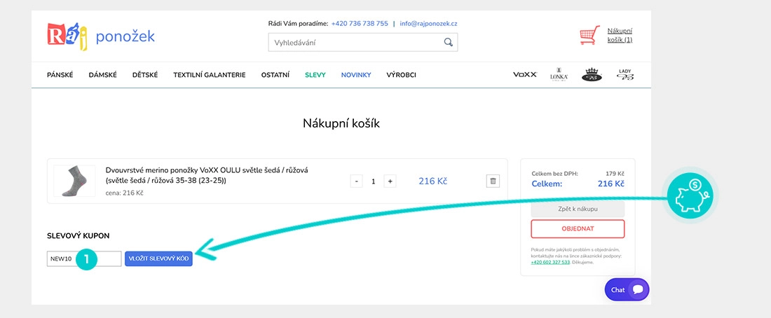 Návod jak uplatnit slevový kód v košíku e-shopu Ráj ponožek