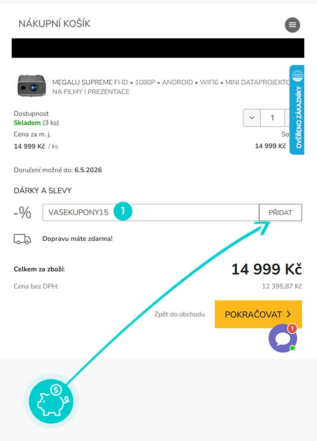 Návod jak uplatnit slevový kód v košíku e-shopu Megalu