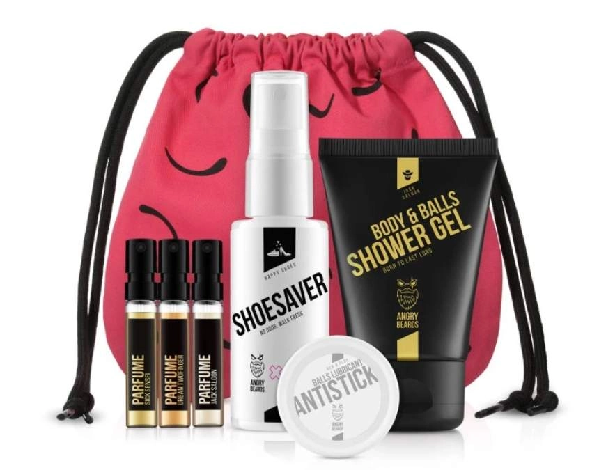 testovací sada kosmetiky pro muže s červeným pytlíkem