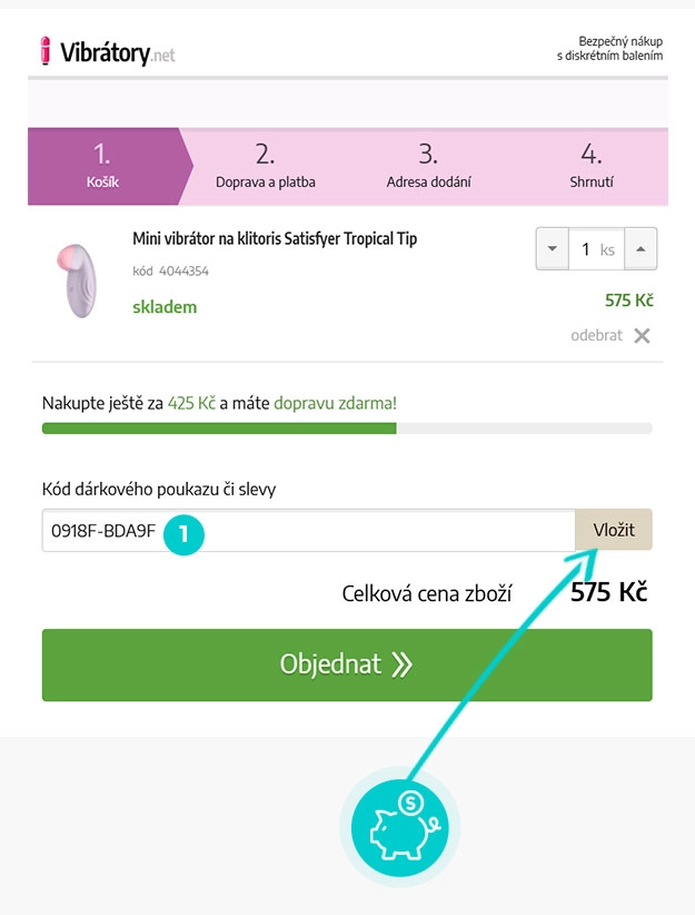 Návod jak uplatnit slevový kód v košíku e-shopu Vibrátory.net