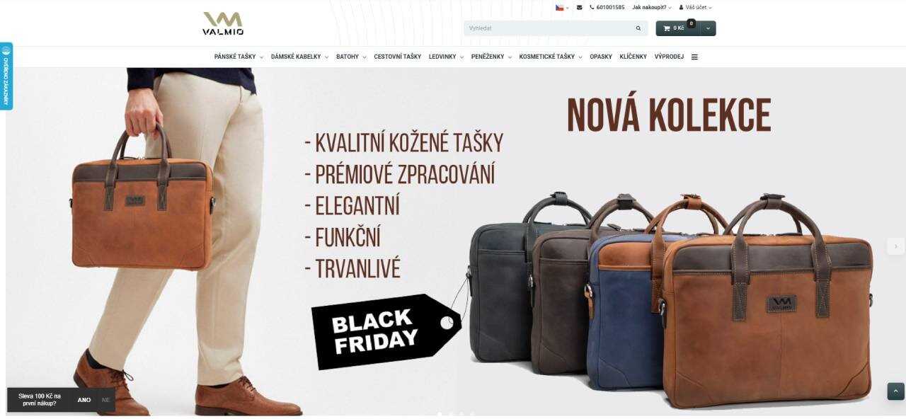 muž držící v ruce koženou aktovku a výběr aktovek v různých barevných provedeních