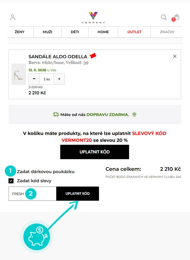 Návod jak uplatnit slevový kód v košíku e-shopu Vermont