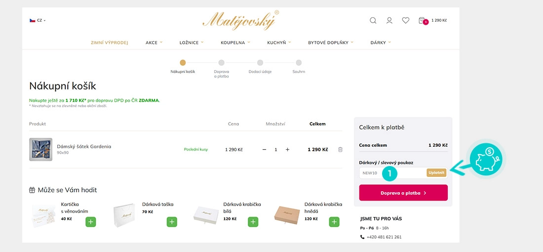 Návod jak uplatnit slevový kód v košíku e-shopu Matějovský