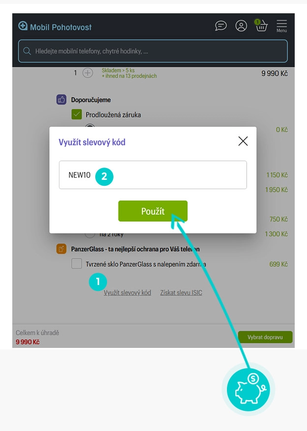 Návod jak uplatnit slevový kód v košíku e-shopu MobilPohotovost