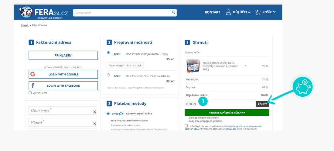 Návod jak uplatnit slevový kód v košíku e-shopu Fera24