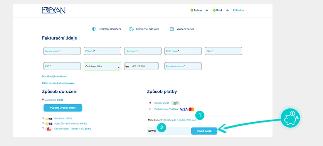 Návod jak uplatnit slevový kód v košíku e-shopu Erexan