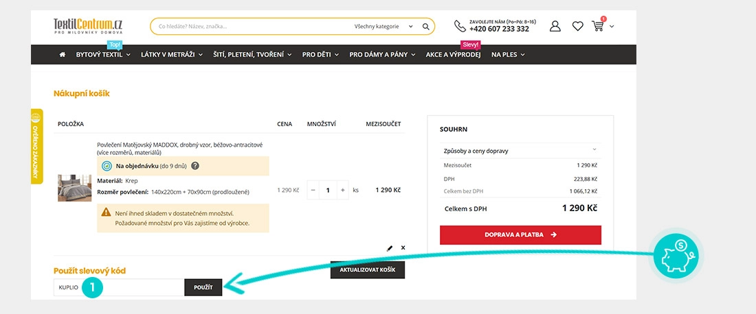 Návod jak uplatnit slevový kód v košíku e-shopu TextilCentrum