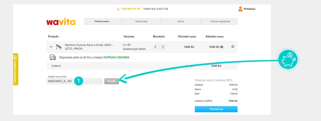 Návod jak uplatnit slevový kód v košíku e-shopu Klub zdraví