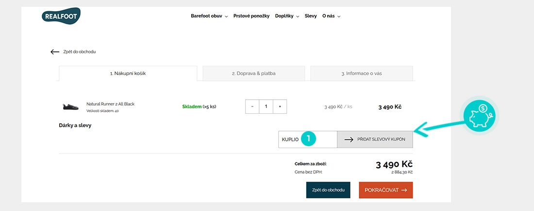 Návod jak uplatnit slevový kód v košíku e-shopu Realfoot