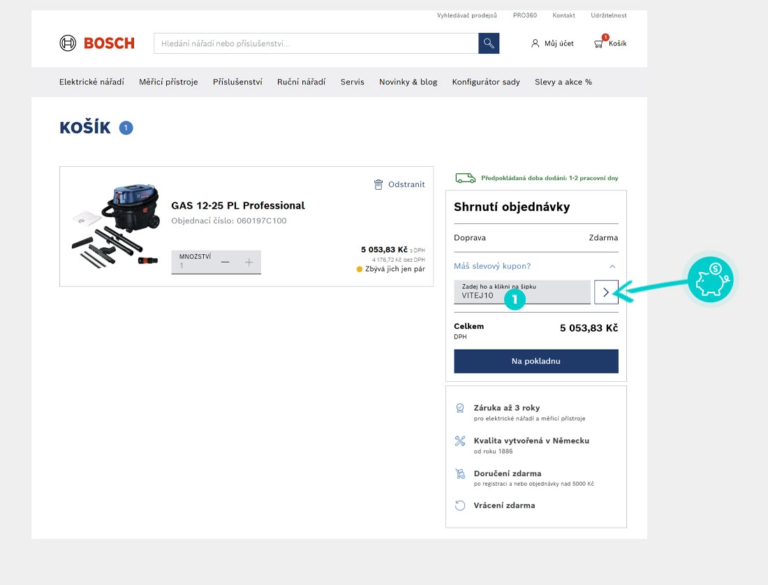 Návod jak uplatnit slevový kód v košíku e-shopu Bosch