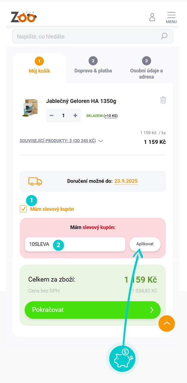 Návod jak uplatnit slevový kód v košíku e-shopu Zoo fix