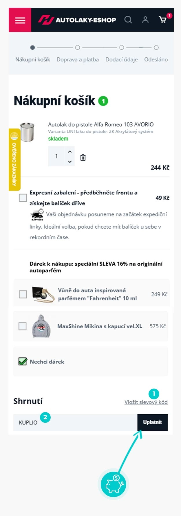 Návod jak uplatnit slevový kód v košíku e-shopu Autolaky-eshop