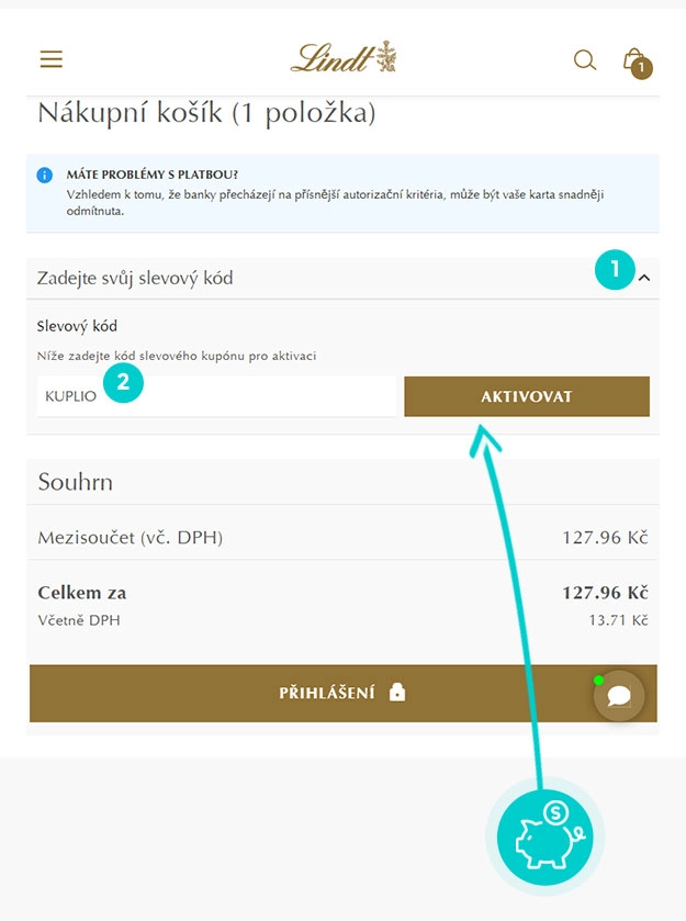 Návod jak uplatnit slevový kód v košíku e-shopu Lindt
