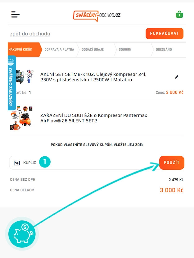 Návod jak uplatnit slevový kód v košíku e-shopu Svářečky-obchod