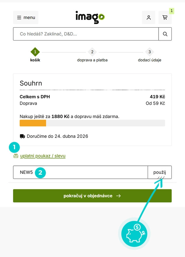 Návod jak uplatnit slevový kód v košíku e-shopu imago