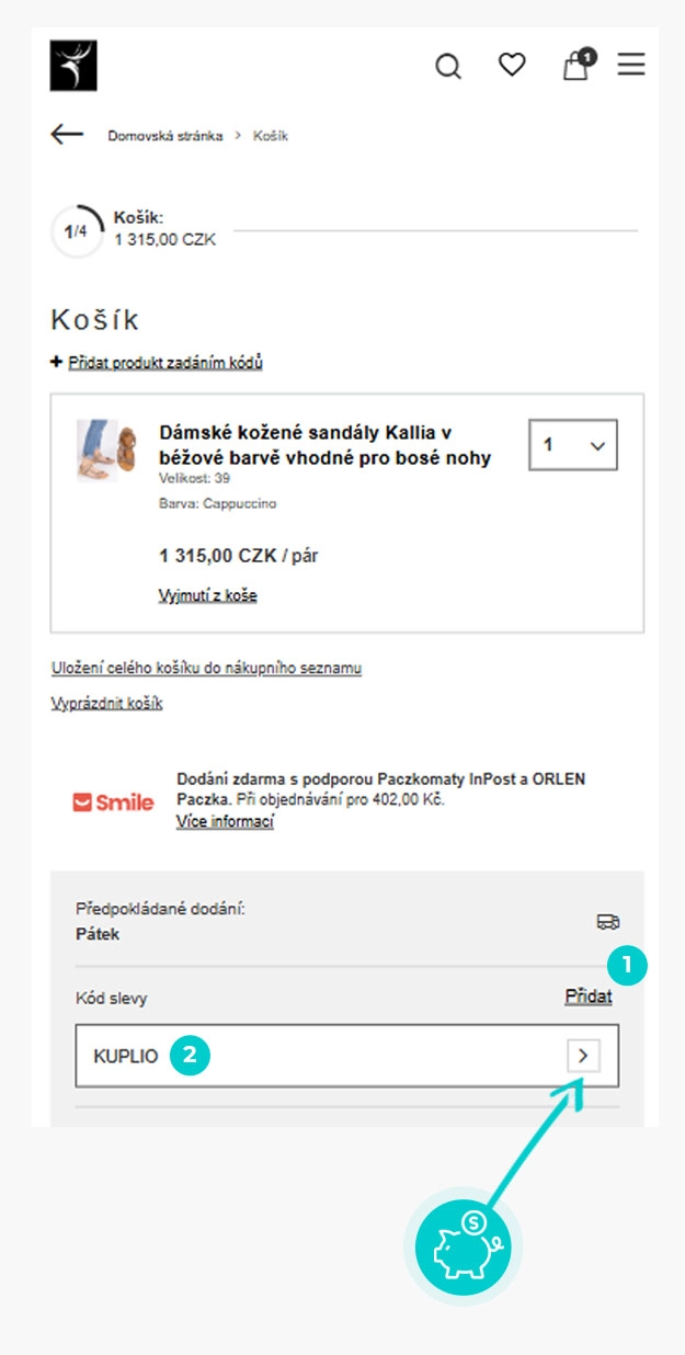 Návod jak uplatnit slevový kód v košíku e-shopu Buty Olivier