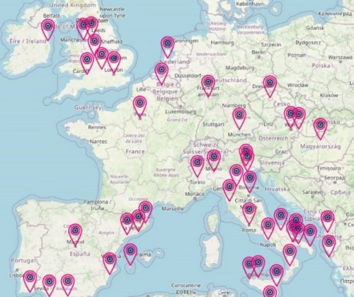 mapa Evropy s označenými destinacemi