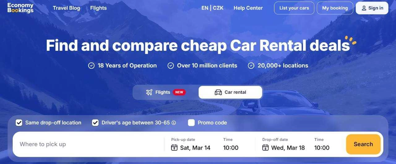 homepage Economy Bookings s možnostmi pronájmu auta