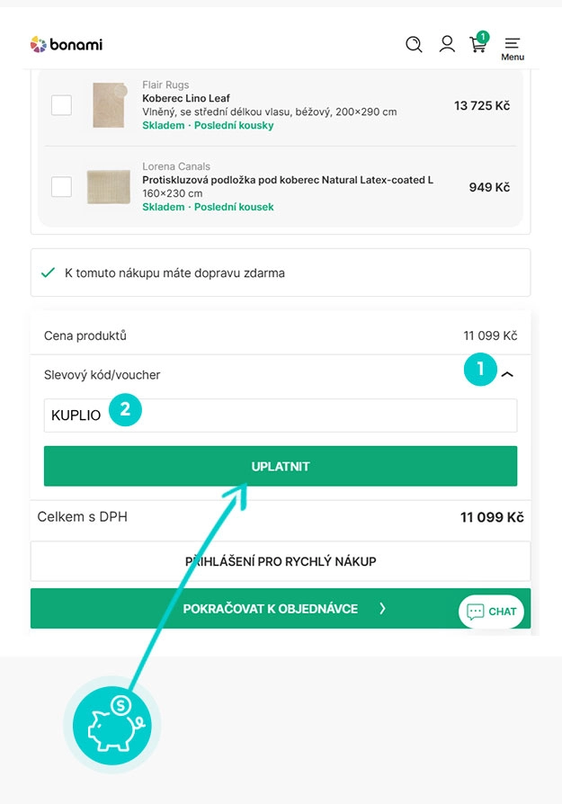 Návod jak uplatnit slevový kód v košíku e-shopu bonami