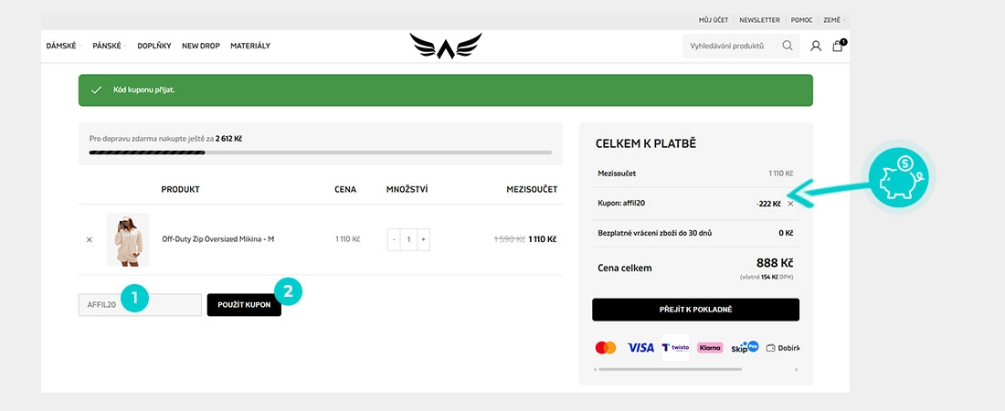Návod jak uplatnit slevový kód v košíku e-shopu Exalted