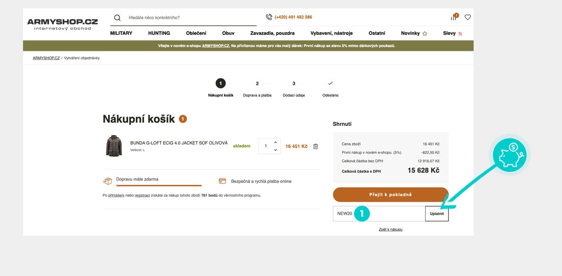 Návod jak uplatnit slevový kód v košíku e-shopu Armyshop