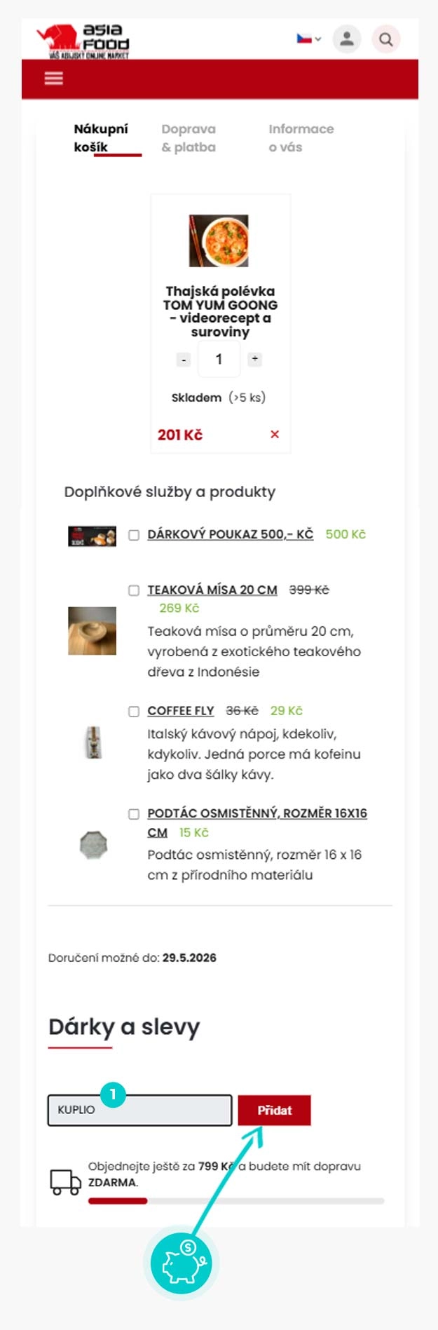 Návod jak uplatnit slevový kód v košíku e-shopu Asiafood