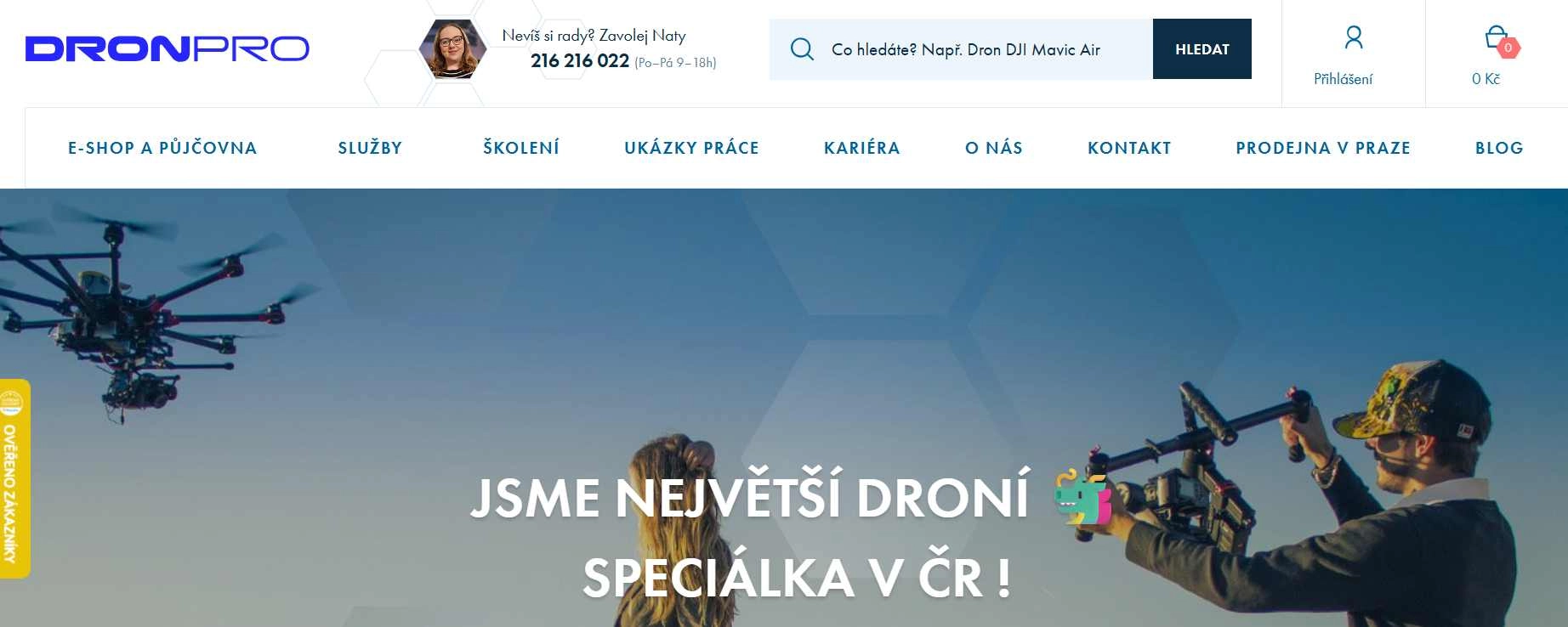 webové stránky e-shopu s nabídkou dronů