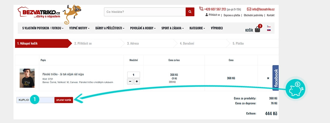 Návod jak uplatnit slevový kód v košíku e-shopu BezvaTriko