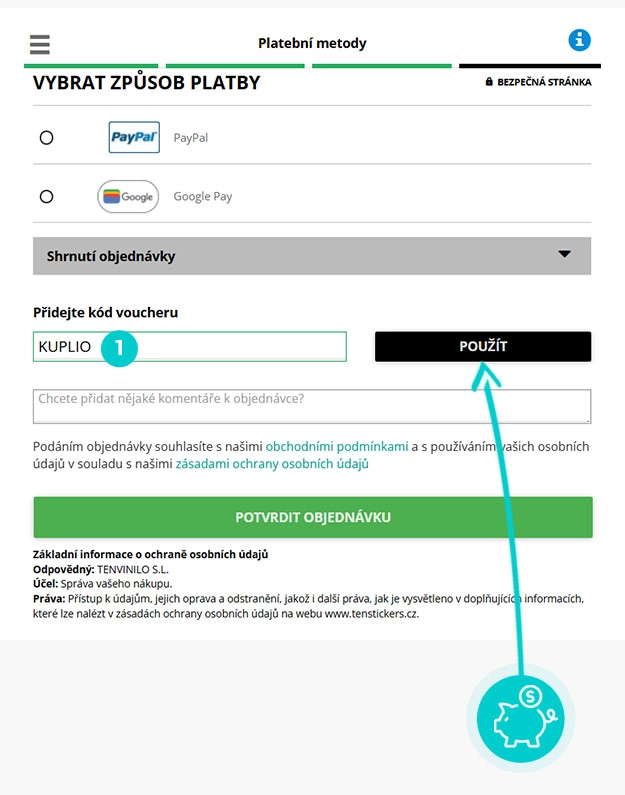 Návod jak uplatnit slevový kód v košíku e-shopu TenStickers