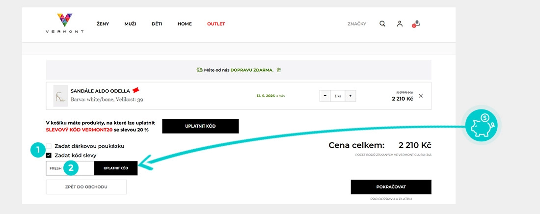 Návod jak uplatnit slevový kód v košíku e-shopu Vermont
