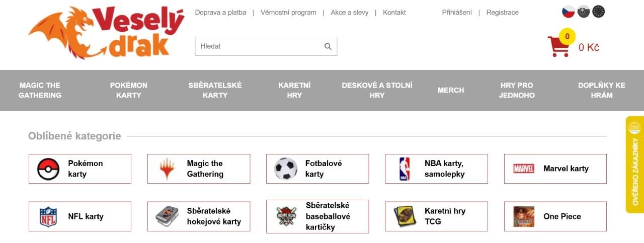 oblíbené kategorie s nabídkou sběratelských kartiček