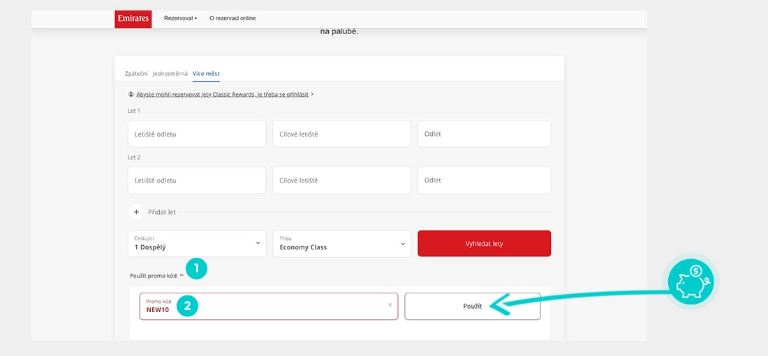 Návod jak uplatnit slevový kód v košíku e-shopu Emirates