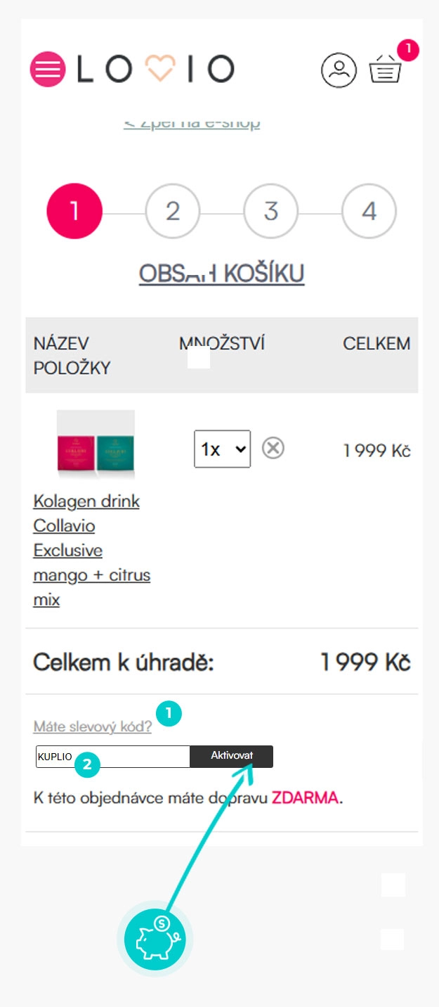 Návod jak uplatnit slevový kód v košíku e-shopu Lovio