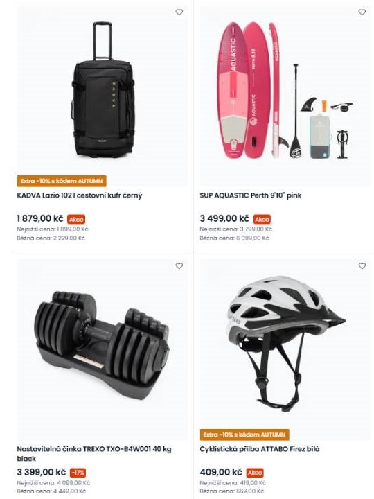 cestovní kufr, paddleboard, nastavitelná činka a cyklistická přilba