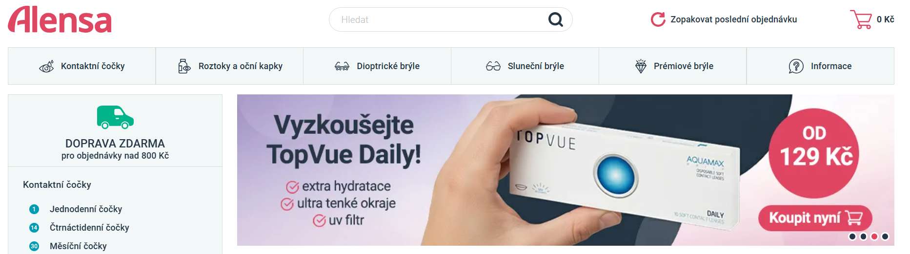 webové stránky e-shopu s nabídkou kontaktních čoček