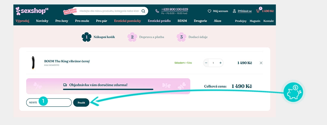 Návod jak uplatnit slevový kód v košíku e-shopu Sexshop.cz