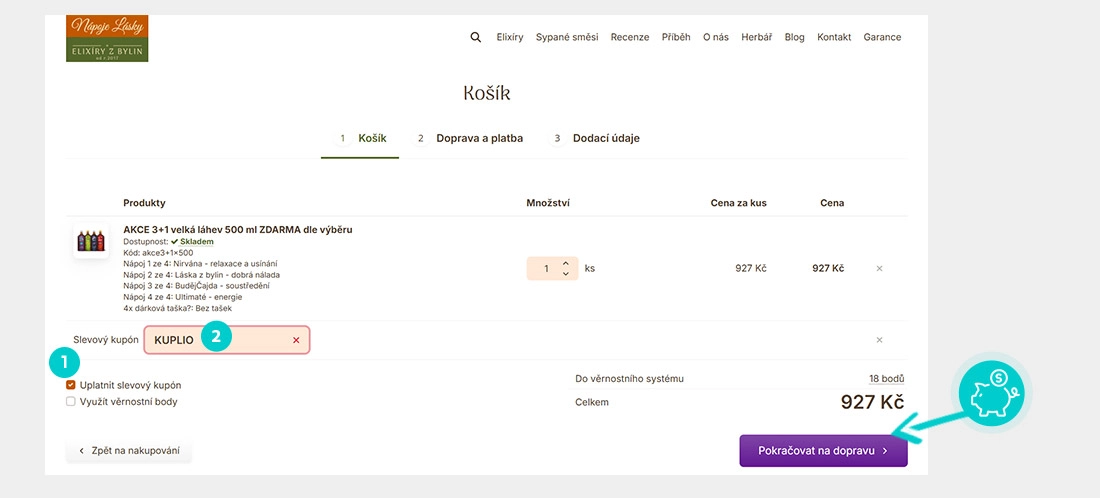 Návod jak uplatnit slevový kód v košíku e-shopu Nápoje Lásky