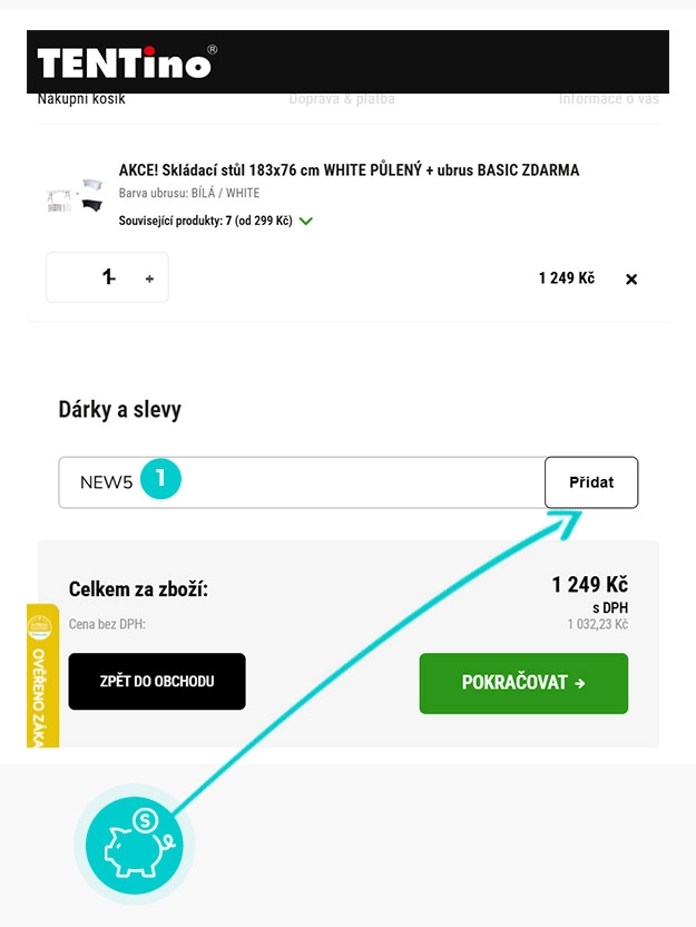 Návod jak uplatnit slevový kód v košíku e-shopu TENTino