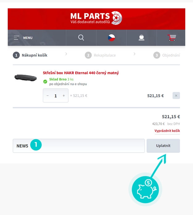Návod jak uplatnit slevový kód v košíku e-shopu ML PARTS