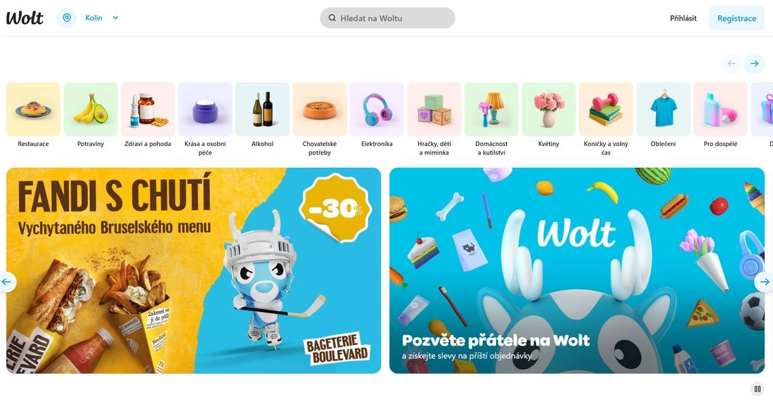 barevná stránka woltu s jídlem a panáčkem, a dále ikony s pitím, květinami a dalším zbožím