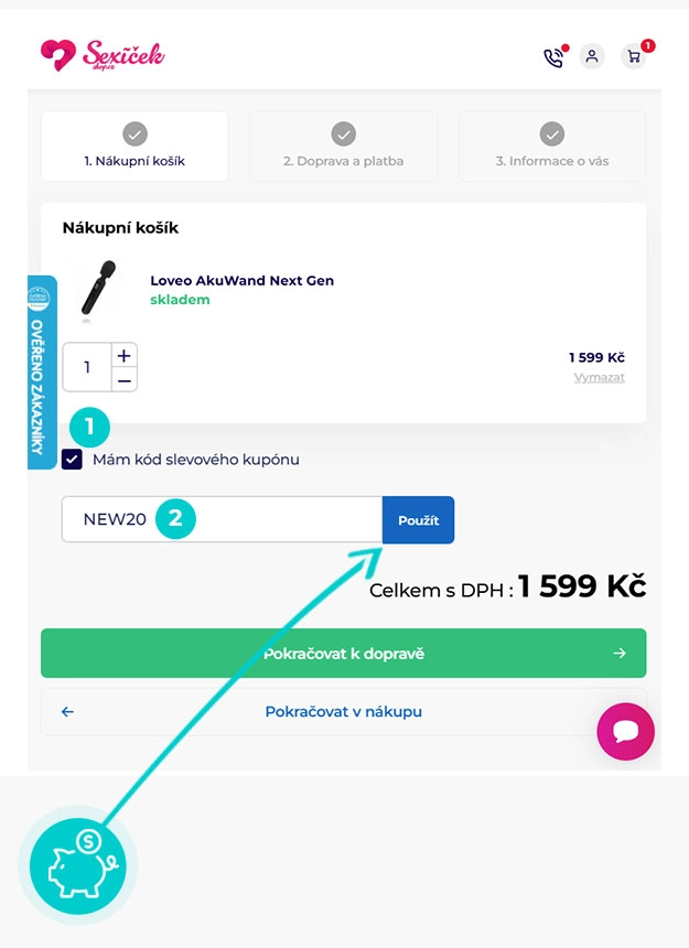 Návod jak uplatnit slevový kód v košíku e-shopu Sexicekshop